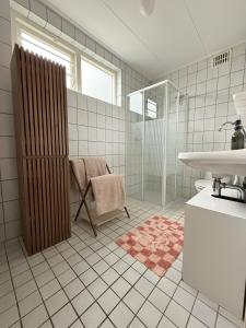 Un baño con ducha, inodoro y lavabo. en Bed & Bloom, en Barneveld