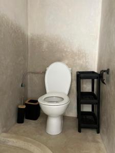 a bathroom with a white toilet and a black shelf at Tamonda in Tamraght Ouzdar +40 photos
