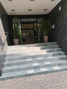 a set of stairs with potted plants in front of a building at Apartman Besu in Vrnjačka Banja +3 photos