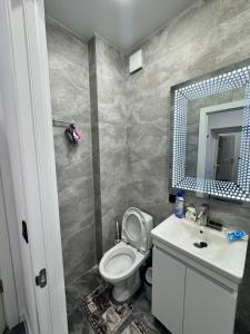 a bathroom with a toilet and a sink and a mirror at Apartament ultra-central in Edineţ