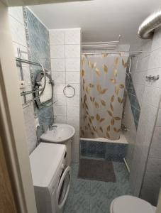 a bathroom with a sink and a toilet and a shower at Apartament do wynajęcia in Jarosław