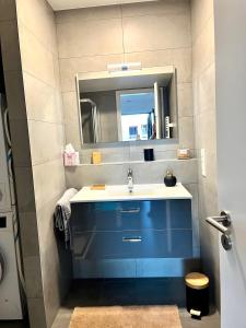 ein Badezimmer mit einem blauen Waschbecken und einem Spiegel in der Unterkunft La Loggia - Appartement Terrasse Esch Belval in Esch-sur-Alzette