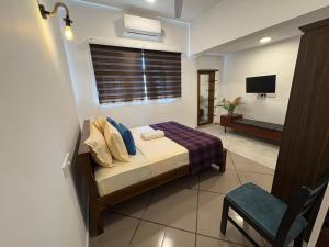 Un dormitorio con una cama y una silla y un televisor. en Villa DEE DEE & Wellness, en Galle