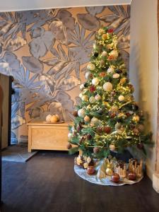 a christmas tree sitting in a room with a table at Label Semois Gite rural 3 épis in Bouillon