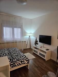 a bedroom with a bed and a flat screen tv at Apartment Sanja in Belgrade