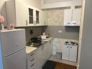 a kitchen with white cabinets and a white refrigerator at Apartment Sanja in Belgrade