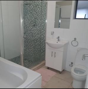 a bathroom with a shower and a sink and a toilet at 106 Barracuda Self-catering in Geneva +7 photos