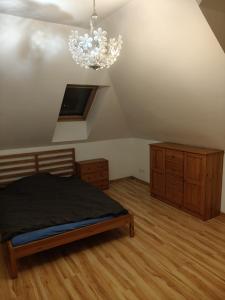 a bedroom with a bed and a chandelier at Agroturystyka na Winnicy in Dys