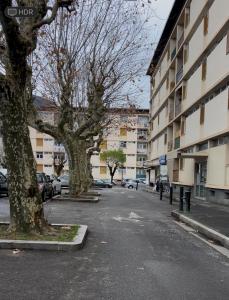 eine Straße mit Bäumen und Gebäuden in einer Stadt in der Unterkunft Le petit savoyard in Albertville