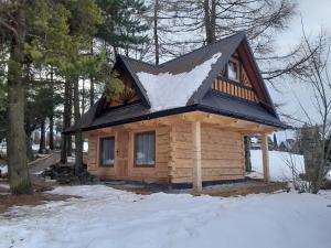 a small log cabin with snow on the roof at Domek GAWRA in Ząb
