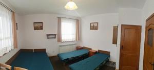 科尔别卢夫Dom w Górach Agro Zibi z zewnętrzną banią z jacuzzi的有两张床和一扇窗户的房间