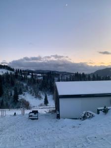 ein schneebedecktes Gebäude mit einer Bank im Schnee in der Unterkunft Ecottage котедж для двох у горах із чаном-джакузі in Slawske