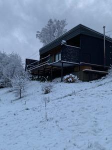 Ecottage котедж для двох у горах із чаном-джакузі في سلافسكي: منزل على تلة في الثلج