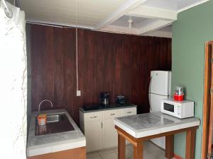 a kitchen with a sink and a white refrigerator at Big Sloth Apartment in Fortuna +7 photos