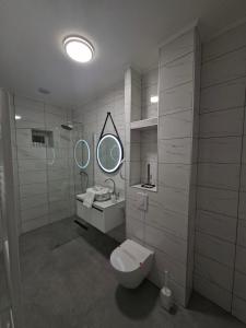 a bathroom with a toilet and a sink and a mirror at Pansion Kod Brajlovica in Tuzla