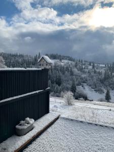 ein schneebedeckter Balkon mit Blick auf ein schneebedecktes Feld in der Unterkunft Ecottage котедж для двох у горах із чаном-джакузі in Slawske
