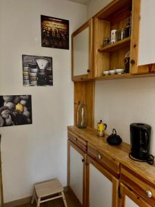 Studio près du lac في ماليبونسون: مطبخ مع كونتر خشبي علوي ودواليب خشبية