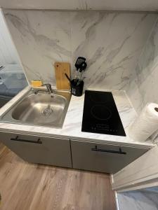 a kitchen with a sink and a counter top at Le petit Rouennais in Rouen