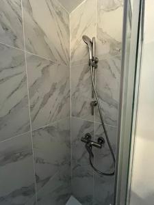 a bathroom with a shower with marble tiles at Le petit Rouennais in Rouen +3 photos