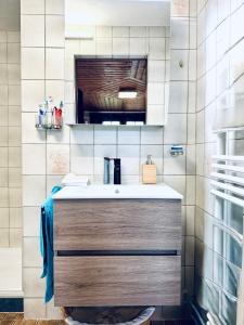 a bathroom with a sink and a counter at Résidence La Rose du Le Ours, 2 Zimmer Idyll am See in LʼAbbaye