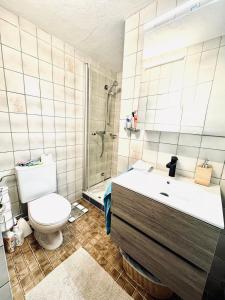 a bathroom with a toilet and a sink and a shower at Résidence La Rose du Le Ours, 2 Zimmer Idyll am See in LʼAbbaye +27 photos