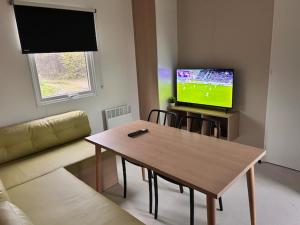 a living room with a table and a flat screen tv at Tinyhouse 6 Ferienwohnung Mobilheim Fehmarn in Fehmarn