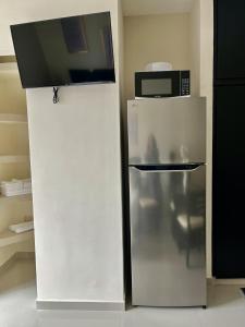 Loft con Luz Natural y Cocina Equipada في سالتيلو: وجود مايكرويف جالس فوق الثلاجه