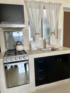 Loft con Luz Natural y Cocina Equipada في سالتيلو: مطبخ مع موقد ومغسلة