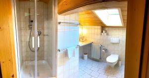 a bathroom with a shower and a toilet at Gemütliche Ferienwohnung im DG am Tegernsee - Bergblick, Ruhe & ganz viel Platz in Bad Wiessee