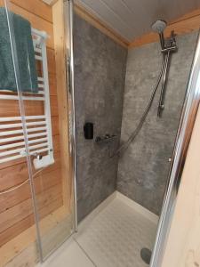 a shower with a glass door in a bathroom at La toue Belle de Maine - Bateau traditionnel de la Loire in Angers