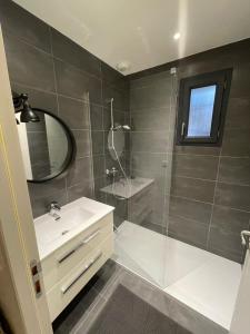 un bagno con doccia, lavandino e specchio di L'échapée du Col Bayard a Gap