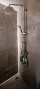 a shower in a bathroom with a glass door at Leśna Przystań Rumia - obok Gdyni i Aquaparku Reda in Rumia