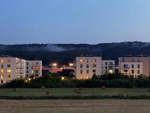 a group of buildings in a city at night at Leśna Przystań Rumia - obok Gdyni i Aquaparku Reda in Rumia