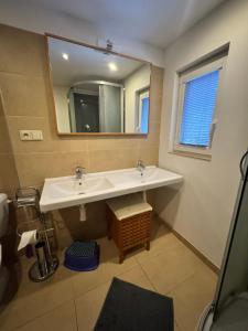 une salle de bains avec un lavabo et un miroir dans l'établissement Chata Naděje, à Kořenov 34 autres photos