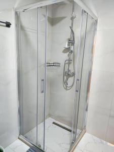 Apartments Sunny في بيشيشي: دش ومرفق زجاجي في الحمام
