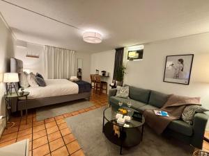 a living room with a bed and a couch at Sundsvall By M - Basement Studio in Sundsvall