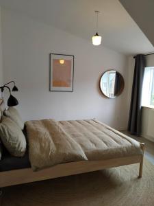 um quarto com uma cama e um espelho na parede em BnB Hammerum em Herning