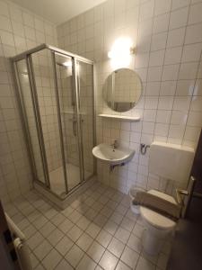 Un baño con ducha, inodoro y lavabo. en Pension Waldfrieden, en Steinhaus am Semmering 1 foto más