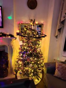 a christmas tree in the corner of a living room at MyRoomz Tudor Rose Original in Blackpool