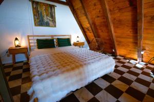 1 dormitorio con 1 cama grande y suelo a cuadros en Kosmaj Escape, en Koraćica