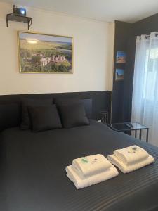 a bedroom with two towels on a bed at La Suite Nocturne in Fère-en-Tardenois