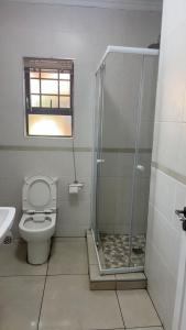 a bathroom with a shower with a toilet and a sink at Tesco Accommodation in Gqeberha +19 photos