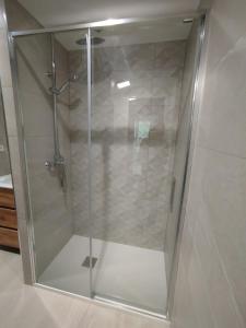 a shower with a glass door in a bathroom at Casa de poble Cal Casellas in San Martín Sasgayolas