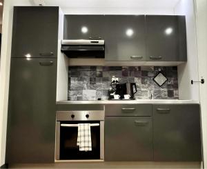 a kitchen with gray cabinets and an oven at LOFT & SPA PRIVATIF in Dijon