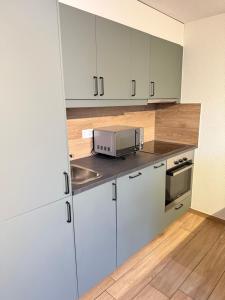 een keuken met witte kasten en een magnetron bij Torrent House in Bouveret