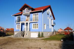 a large blue house with a red roof at Casa Sidor in Baile Felix