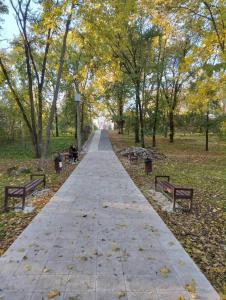 a walkway in a park with benches and trees at Apartament cu 1 camera in Soroca