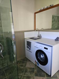 a washing machine and a sink in a bathroom at Ridgetop cottage in Wairakei