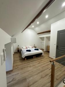 een slaapkamer met een bed in het midden van een kamer bij Maison le petit coin secret in Châtillon-sur-Seine