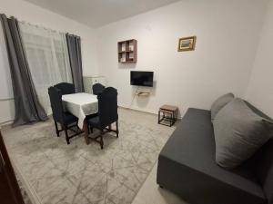 a living room with a couch and a table at Paviljoni apartman in Tošin Bunar